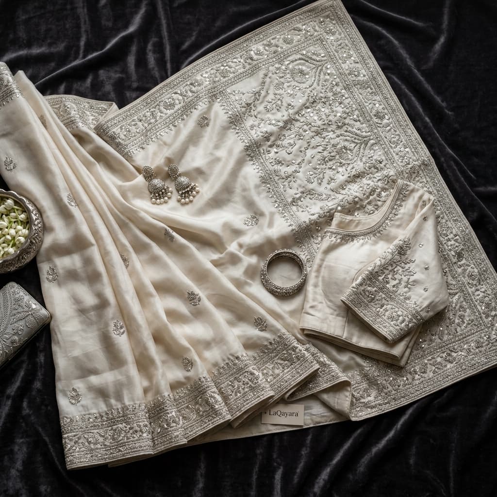 Ivory Silk Embellished Saree